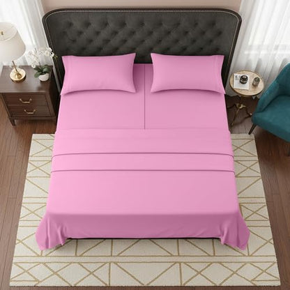 Elegant Comfort Luxurious 1500 Premium Hotel Quality Microfiber Three Line Embroidered Softest 5-Piece Bed Sheet Set, Wrinkle and Fade Resistant, Split King, Light Pink