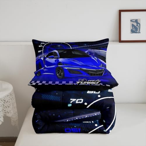 Feelyou Ombre Racing Car Bedding Set Full Size Kids Blue Speed Sports Car Bedding Set for Boys Girls Teens Extreme Sports Duvet Quilt Breathable Soft Lightweight Microfiber Room Decor