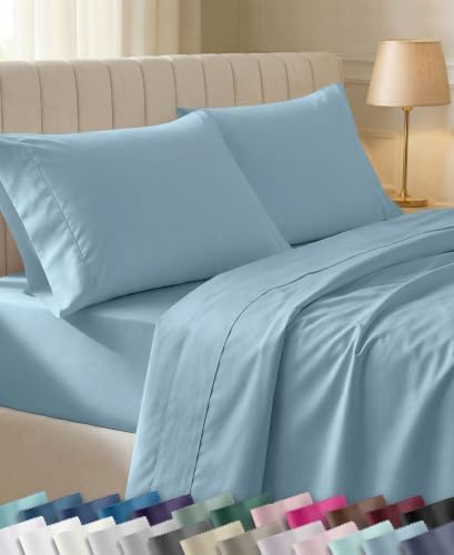 California Design Den Soft 100% Cotton Cal King Sheet Set, 400 TC Good Housekeeping Award Winner, Silky Smooth Sateen Weave with Deep Pockets, Breathable and Durable Cotton Bedding Set - Sky Blue