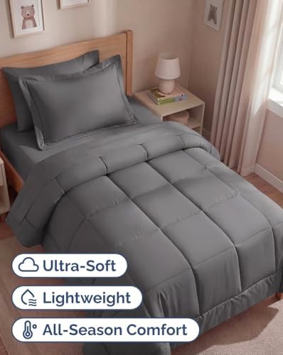 Twin Comforter Set - 5 Piece Bed in a Bag Twin Size Bed Set - Dark Grey
