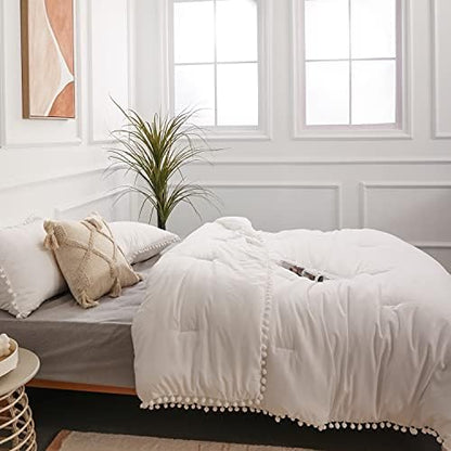 YIRDDEO Queen Comforter Set, White Ball Pom Fringe Bedding Set 3 Pieces