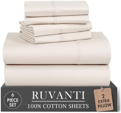 RUVANTI 100% Cotton Percale King Sheets, King Size Sheets Set, Soft Ivory