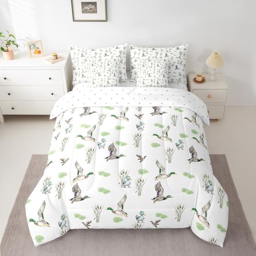 Erosebridal Mallard Duck 7 Piece Comforter Set Full Bed in A Bag Woodland Wild Duck Bedding Set for Kids Boys Girls Waterfowl Flying Ducks Sheets Rustic Farmhouse Comforter Hunting Wildlife Theme