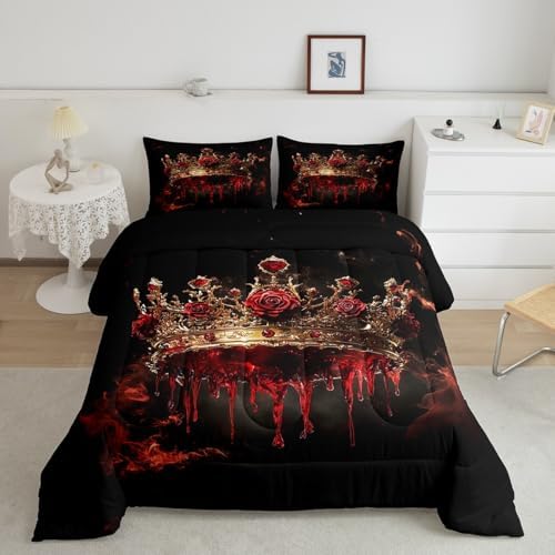 Golden Crown Kids Comforter Set Twin Size,Rose Flowers Smoke Gothic Romantic Bedding Set,Girls Boys Room Decor,Blood Western Halloween Quilt Comforter,Red Black Retro Duvet Insert,1 Pillowcase
