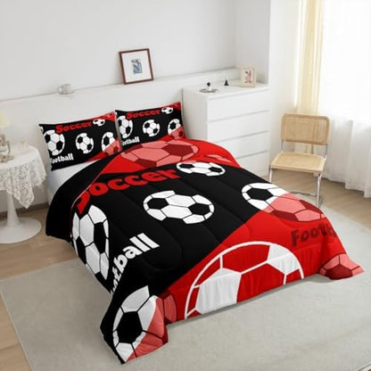Manfei American Soccer Comforter Set King Size, Black White Football Bedding Set 3pcs, Sports Theme Red Down Comforter All Season, Kids Boys Teens Room Decor, Soft and Lightweight, 2 Pillowcases