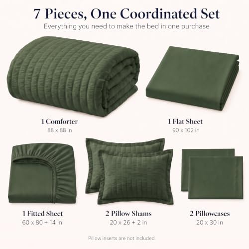 CozyLux Queen Comforter Set, 7 Pieces Olive Green Seersucker Bed in a Bag