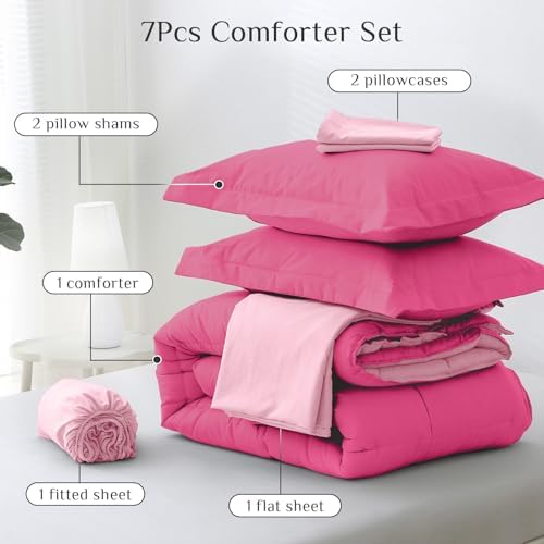JOLLYVOGUE Full Comforter Set, Ultra-Soft Bed in a Bag Full Size 7 Pieces, Oeko-TEX Certified Bedding Set with Down Alternative Comforter, Sheets, Pillowcases & Shams, Hot Pink & Baby Pink