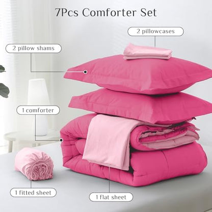 JOLLYVOGUE King Comforter Set, Ultra-Soft Bed in a Bag King Size 7 Pieces, Oeko-TEX Certified Bedding Set with Down Alternative Comforter, Sheets, Pillowcases & Shams, Hot Pink & Baby Pink