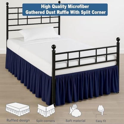 Ruffled Bed Skirt Split Corners with Platform, Tailored Fit Hotel Quality Wrinkle Free Ultra-Soft Microfiber Dust Ruffle, Upto 6 Inch Drop, Cal King, Navy Blue