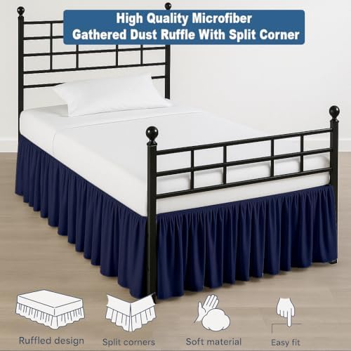 Ruffled Bed Skirt Split Corners with Platform, Tailored Fit Hotel Quality Wrinkle Free Ultra-Soft Microfiber Dust Ruffle, Upto 18 Inch Drop, Full XL, Navy Blue
