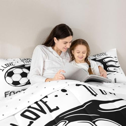 Erosebridal Soccer Bedding Full Size Football Comforter Sets for Boys Men Sports Theme Room Decor Ball Gaming Gamer Duvet Insert Kids Teens Toddler Quilt Comforter White and Black Bedroom Decor, Soft