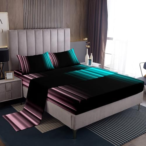 Feelyou Teens Abstract Ombre Decorations Bedding Set for Kids Women Pink Teal and Black Bed Sheets Set Geometric Modern Fitted Sheet Sets Room 4Pcs Queen Size