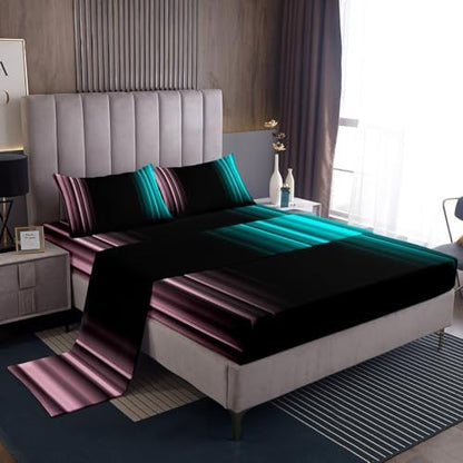 Feelyou Teens Abstract Ombre Decorations Bedding Set for Kids Women Pink Teal and Black Bed Sheets Set Geometric Modern Fitted Sheet Sets Room 4Pcs Queen Size
