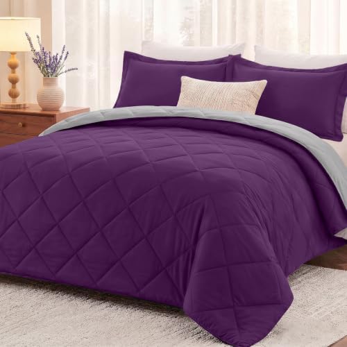 downluxe Twin Comforter Set Soft Reversible 2 Pieces, Purple/Grey