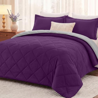 downluxe Queen Comforter Set Soft Reversible 3 Pieces, Purple/Grey