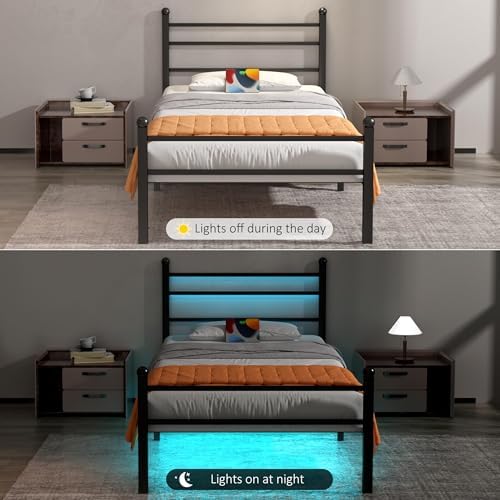 J.Fkne Twin Bed Frame with LED Lights & Charging Station, Metal Platform Bed with Headboard, Heavy Duty Metal Slats, No Box Spring Needed, Noise Free, Easy Assembly, Black