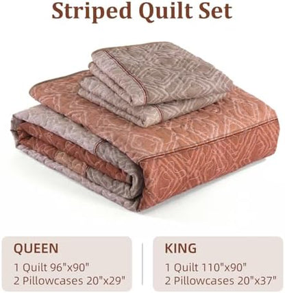 Cottolester Boho Quilt Set King,3 Pcs Red Orange Striped Plaid Bedspread