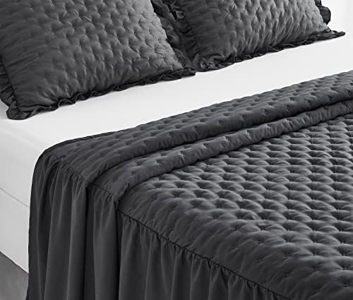 CHIXIN Ruffle Skirt Bedspread King Size - 30" Long Drop, Shabby Chic & Farmhouse Style, Soft and Lightweight Bedding Cover, 3 Piece Set, Dark Grey