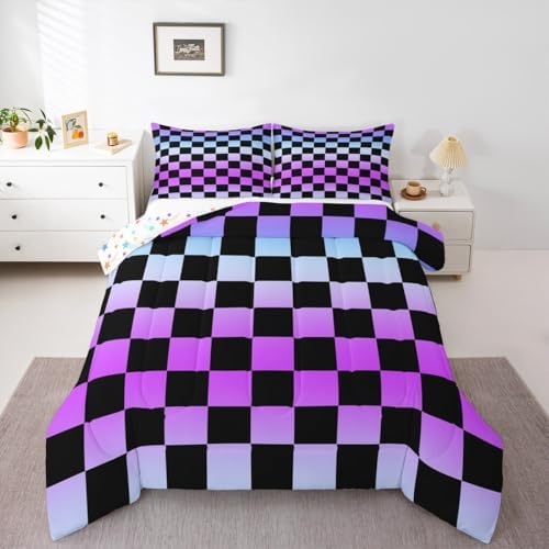Feelyou Multicolored Checkered Retro Bedding Set for Boys Girls Geometric Vintage Comforter Set Queen Size Gradient Purple Duvet Quilt Modern Groovy Aesthetic Bedroom Decor 3 Pcs with 2 Pillow Cases