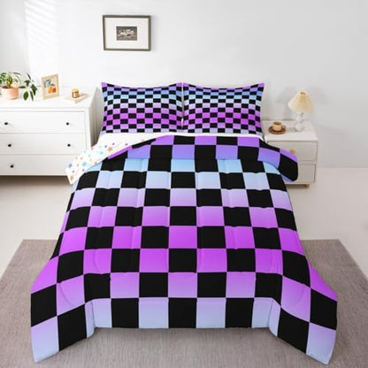 Feelyou Multicolored Checkered Retro Bedding Set for Boys Girls Geometric Vintage Comforter Set Queen Size Gradient Purple Duvet Quilt Modern Groovy Aesthetic Bedroom Decor 3 Pcs with 2 Pillow Cases