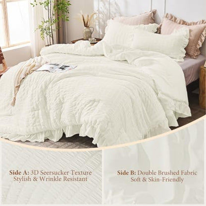 JOLLYVOGUE Cream Full Comforter Set,3pcs Seersucker Comforters Full Size