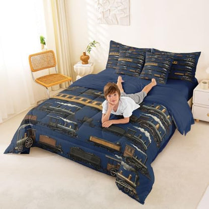 Erosebridal 7 Pcs Navy Steam Train Comforter Set for Boys Kids Travel Locomotive Train Queen Bedding Set with Sheets for Teens Men Vintage Transport Vehicle Bed in A Bag Steampunk Railway Bed Sets