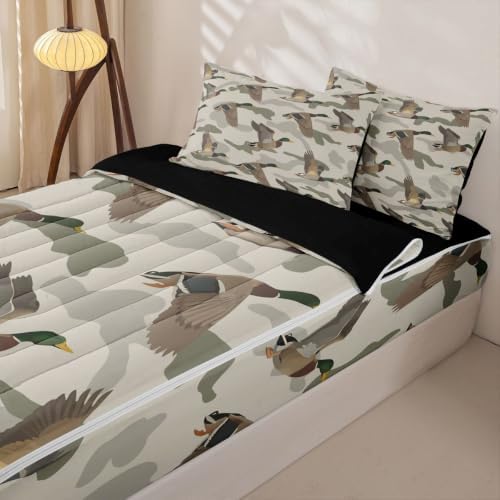 Feelyou Mallard Duck Zipper Bedding Brown Camouflage Comforter Set for Kids Boys Girls Twin Size Cabin Lodge Camo Zippered Kids Bedding Set Ultra Soft Wild Hunting Bed in a Bag