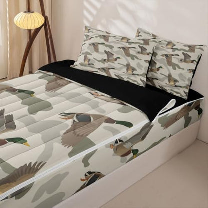 Feelyou Mallard Duck Zipper Bedding Brown Camouflage Comforter Set for Kids Boys Girls Queen Size Cabin Lodge Camo Zippered Kids Bedding Set Ultra Soft Wild Hunting Bed in a Bag