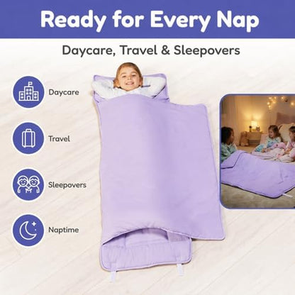 EVERYDAY KIDS Nap Mat with Removable Pillow - Lavender - Carry Handle with Straps Closure, Rollup Design, Soft Microfiber for Preschool, Daycare, Travel Sleeping Bag - Ages 3-6 Years