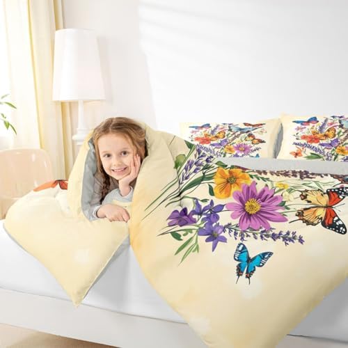 jejeloiu Butterfly Kids Comforter Set Toddler Size Beautiful Butterfly Bedding Set Botanical Duvet Quilt for Kids Boys Girls Bedroom Flower Decor Microfiber Ultra Soft Breathable