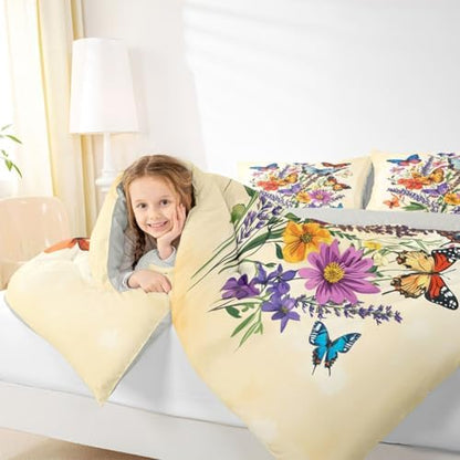 jejeloiu Butterfly Kids Comforter Set Toddler Size Beautiful Butterfly Bedding Set Botanical Duvet Quilt for Kids Boys Girls Bedroom Flower Decor Microfiber Ultra Soft Breathable