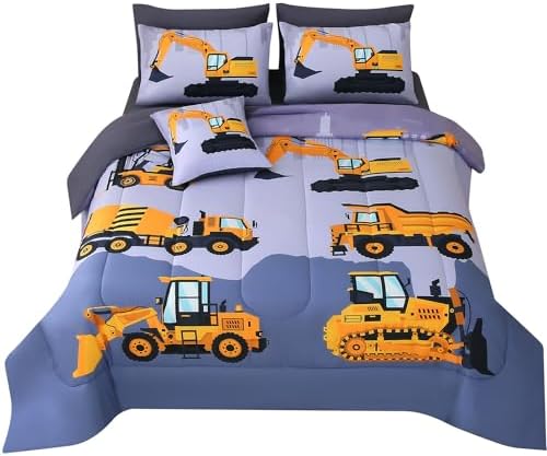 JQinHome Construction Queen Bedding Sets for Boys Kids,8 Piece Bed in A Bag 3D Cartoon Car Excavator Tractor Comforter Set with Sheet Set,Trucks Cars