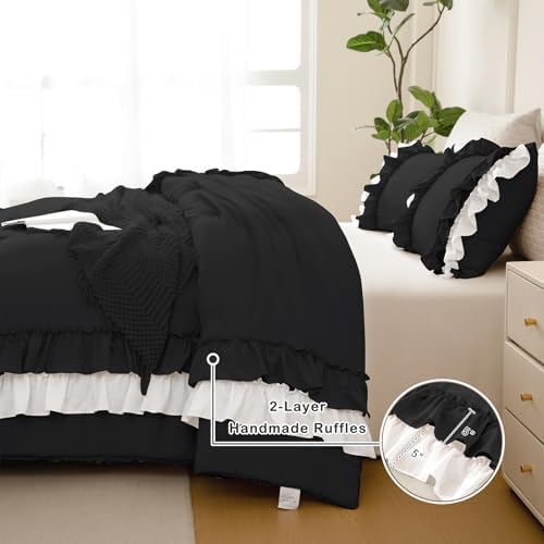 Masaca Ruffled Queen Comforter Set,Farmhouse Shabby Boho Chic Bedding Black and White Ruffle Comforter 3PCS Vintage Rustic French Country Elegant Bedding Set Ultra Soft