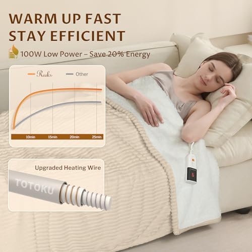 Reaks Heated Blanket Twin, 9 Heat Levels, 2-10H Auto-Off, 62"x84", Beige