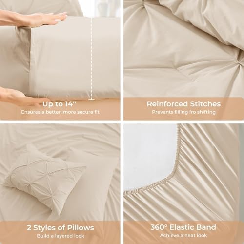 Sasttie Twin Comforter Set, 5-Piece Bed in a Bag, Pintuck Bedding Sets for All Season, Includes Comforter, Flat Sheet, Fitted Sheet, Pillowcase and Pillowsham, Warm Beige