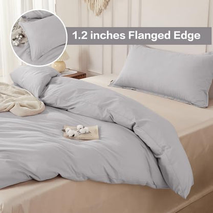 SAPHREAS 100% Washed Cotton Duvet Cover Twin Size Set, Linen Like Comforter Cover with Zipper Closure & Corner Ties (No Comforter), 68x90 Light Grey