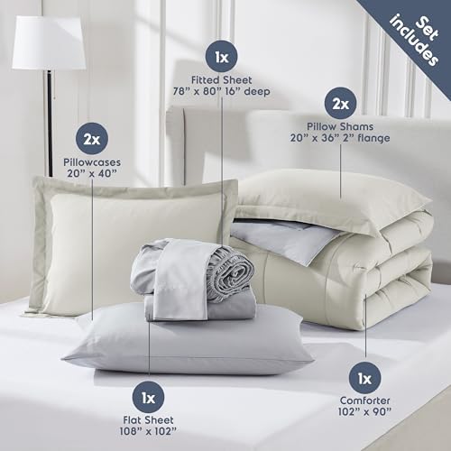 Nestl 9 Piece King Comforter Set – Off White Reversible Bed in a Bag – Complete King Size Bedding Set with Sheets, Set of 2 Down Alternative Pillows, Pillowcases and Shams