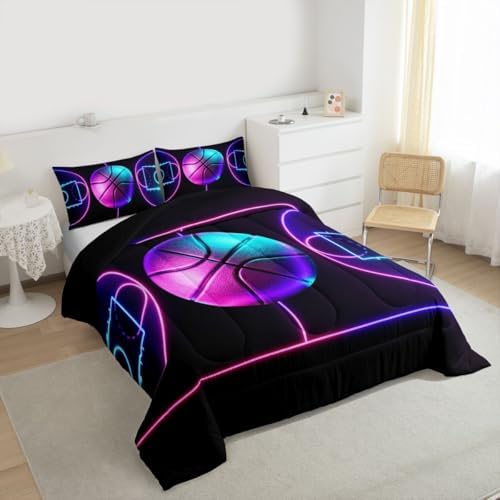 Basketball Comforter Set Full,Sports Game Bedding Set 3pcs for Kids Teens Boys Room Decor,Neon Watercolor Geometric Lines Duvet Insert Black Microfiber Quilted Duvet with 2 Pillowcases
