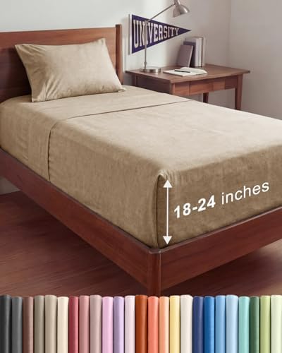 Extra Deep Twin XL Sheet Set - 3 Piece College Dorm Room - Heathered Beige