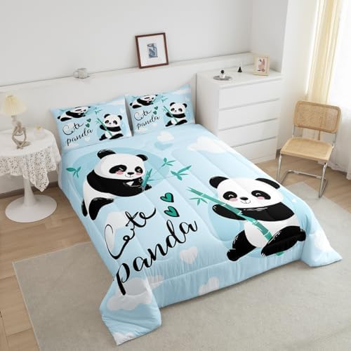 Feelyou Cute Panda Bedding Set Cartoon Panda Comforter Set for Kids Boys Girls Animal Theme Comforter Kawaii Animal Quilt Set Blue 1 Comforter Set with 2 Pillowcases Queen Size