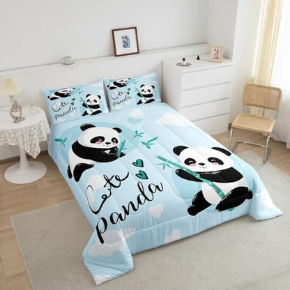Feelyou Cute Panda Bedding Set Cartoon Panda Comforter Set for Kids Boys Girls Animal Theme Comforter Kawaii Animal Quilt Set Blue 1 Comforter Set with 2 Pillowcases Queen Size