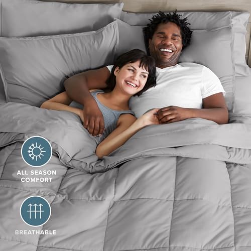 Bare Home Bed-in-A-Bag 7 Piece Comforter & Sheet Set - Queen - Goose Down Alternative - Ultra-Soft 1800 Premium - Bedding Set (Queen, Light Grey/Light Grey)
