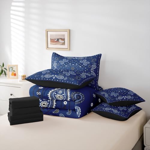 Erosebridal Paisley Floral 7 Piece Bedding Set Full Bohemian Comforter Set with Sheets Mandala Bed in A Bag Retro Chic Flower Bed Sets with 2 Pillowcases, 2 Throw Pillow Covers