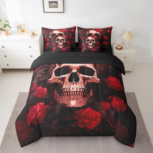 Erosebridal 7Pcs Rose Skull Comforter Set Queen Size,Vintage Rose Skull Anchor Bedding Set,Halloween Goth Bed in A Bag,Black Red Death Romance Sheet Set with Comforter