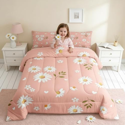 Homewish Daisy Flowers Children Comforter Set,Petals and Leaves Bedding Set for Women Girls,Adults Soft Pink and White Comforter,Kids Daisy Quilted Duvet Set Bedroom Collection King Size 3Pcs