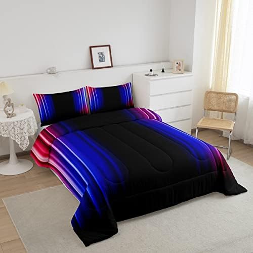 Feelyou Geometric Ombre Comforter Set Kids Teens Red Blue Black Bedding Set Decor Modern Stripes Comforter with 2 Pillowcases 3Pcs Bedding Queen