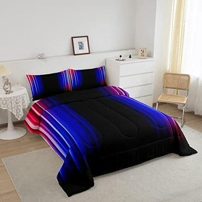 Feelyou Geometric Ombre Comforter Set Kids Teens Red Blue Black Bedding Set Decor Modern Stripes Comforter with 2 Pillowcases 3Pcs Bedding King