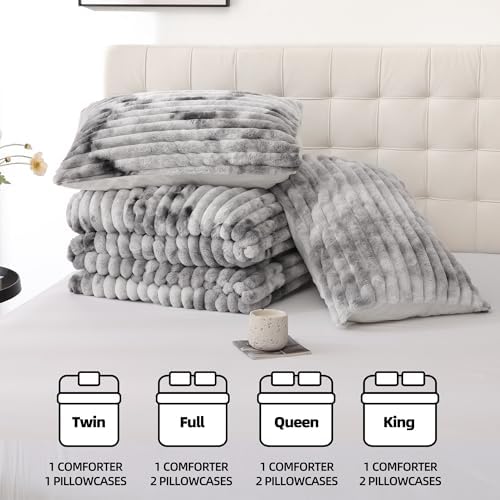 Smoofy Fluffy Queen Size Comforter 3 PCS - Tie Dye Grey Fleece Bedding Set