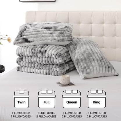 Smoofy Fluffy Queen Size Comforter 3 PCS - Tie Dye Grey Fleece Bedding Set