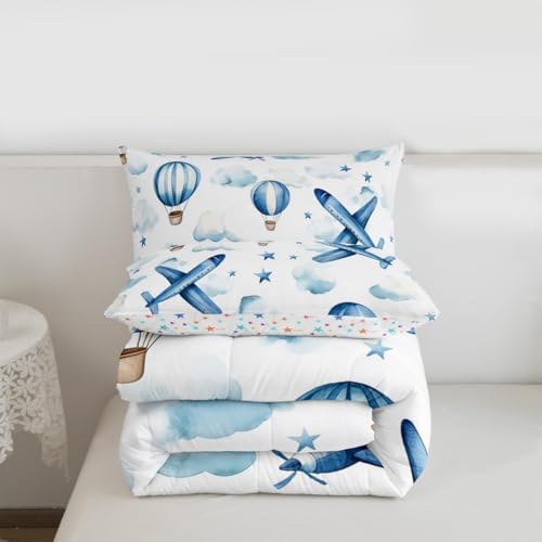 Erosebridal Cartoon Aircraft Queen Comforter Set for Boys, Dreamy Hot Air Balloon Bedding Set, Blue White Clouds Comforter for Kids Teens Girls Adults Bedroom, Airplane Star Print Quilt
